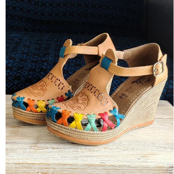 Mexican Platform Espadrille Sandal Huarache Leather Tan with Colorful Accents 7M - Picture 8 of 10